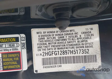 2007 Honda Civic Ex z USA, uszkodzony, nr VIN 2HGFG12897H517352